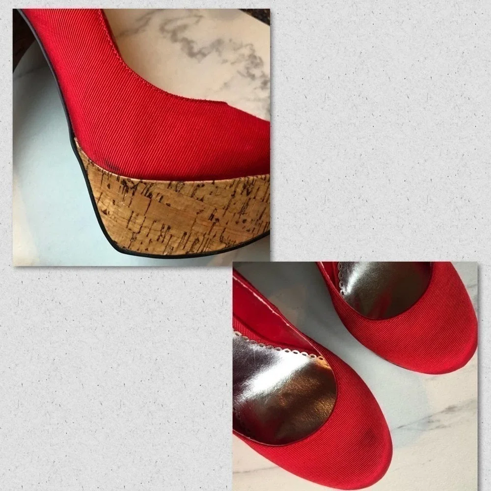 Bebe Stiletto High Heels Kahilia Ruby Red Size 8 Platform Cork Bow Formal